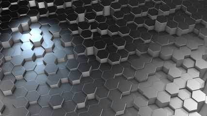 3D rendering of abstract hexagonal geometric aluminum surfaces in virtual space