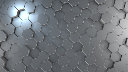 3D rendering of abstract hexagonal geometric aluminum surfaces in virtual space