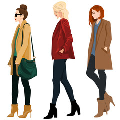 Fashion Illustration Fall Street Style Trendy Set of Women Side Profile Walking 
