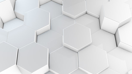 3D rendering of abstract hexagonal geometric white surfaces in virtual space