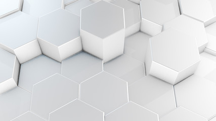 3D rendering of abstract hexagonal geometric white surfaces in virtual space