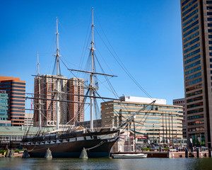 Baltimore downtown with city center business buildings during sunny day in Baltimore, Maryland