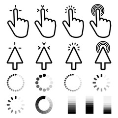 Pointer click icon big collection. Clicking cursor, pointing hand clicks and waiting loading icons. Vector