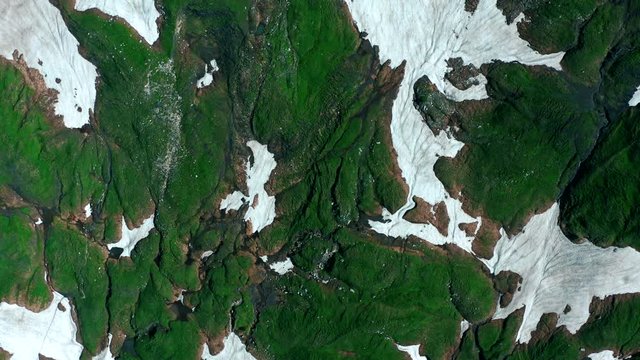 Beautiful textures of natural mosses and snow serac in high alpine meadows