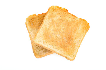 Two slicecs of toasted bread isolated on a white background in close-up (high details)