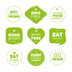 Fresh healthy organic vegan food eat set logo labels and tags the different design and green color. Vector