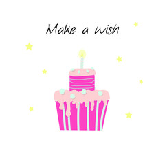 Hand drawn doodle style vector illustration - Happy birthday greeting card. Pink multi-layer holiday cream cake with burning candles. Make a wish