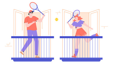 A young couple plays tennis on the balconies. Quarantine activities. Healthy lifestyle and sport at the home. A guy and a girl with tennis rackets hit the ball. Vector flat illustration.