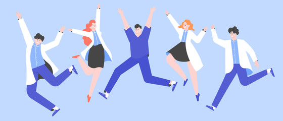 Fototapeta na wymiar Happy doctors are jumping. The joy of defeating the disease, the end of the fight against the pandemic. Winners and heroes. Vector flat illustration.