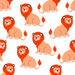 lions, animal hand drawn, fashion , childish vector seamless pattern on white background. Concept for wallpaper, wrapping paper, cards