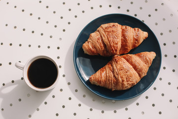 Coffee cup and fresh baked french croissants in blue plate on white background. Breakfast.
