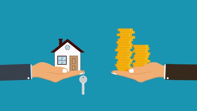 Hand holds house and key on finger and giving, receiving golden coins from other hand. Concept for home agent, sale and rent of a house and buyer or customer. HD video animation with alpha channel.