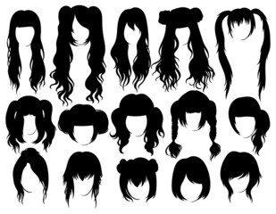 Set of hairstyles for woman. Collection of black silhouettes of hairstyles for girls. Vector illustration on white background. - obrazy, fototapety, plakaty