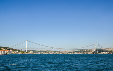 Istanbul bridge over the Bosphorus Strait, Ortakoy Mosque and the ships. View from the water