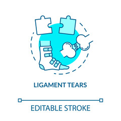 Ligament tears, tendon rupture concept icon. Muscle injury first aid, trauma treatment method idea thin line illustration. Vector isolated outline RGB color drawing. Editable stroke