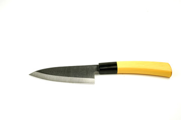 Separate kitchen knives on a white background. Chef knives, butcher knives, kitchen knives with...