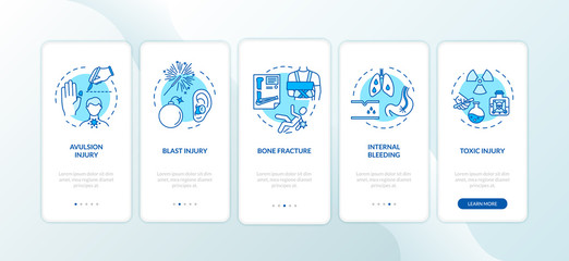 Fototapeta na wymiar Injury, avulsion and blast onboarding mobile app page screen with concepts. Bone fracture and intoxication walkthrough 5 steps graphic instructions. UI vector template with RGB color illustrations