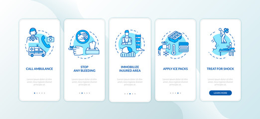 First aid, treatment recommendations onboarding mobile app page screen with concepts. Trauma therapy walkthrough 5 steps graphic instructions. UI vector template with RGB color illustrations