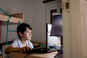 A boy using a laptop in his workspace