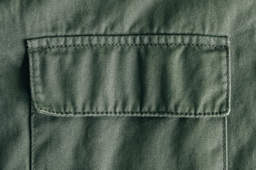 Close-up of pocket on a winter green jacket. Top view. Copy, empty space for text