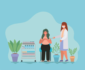 Woman vaccination and doctor with mask against 2019 ncov virus vector design