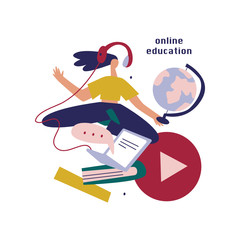 Flat design concept of online education, training and courses, learning, video tutorials. Vector illustration for website banner, marketing material, presentation template, online advertising.