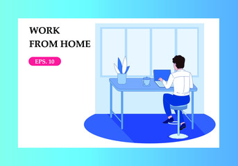 Plakat Young man is sitting with laptop on the chair at home. Freelance, online education or social media concept.