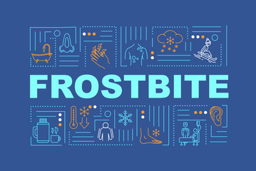 Naklejka premium Frostbite, chilblain first aid and therapy, hypothermia treatment word concepts banner. Infographics with linear icons on blue background. Isolated typography. Vector outline RGB color illustration