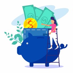 Flat vector illustration, large piggy bank in the form of a pig on a white background, open wallet, financial services, female banker in her work, saving or collecting money.