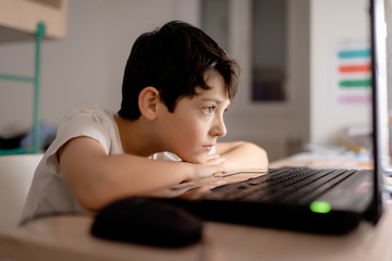 A boy using a laptop in his workspace