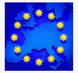 Corona virus in Europe illustration. Europe illustration with corona virus as the stars. 