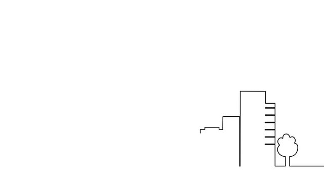 Continuous line drawing city building. One line single cityscape. 4K video animation with alpha channel.