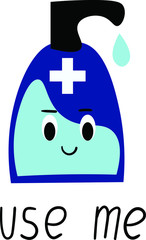 Use me. Sanitizer, flat, hand drawn vector isolated on white background. Concept for logo, cards, icon 