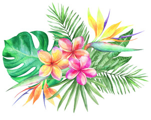 Watercolor tropical flowers and leaves. Bouquet
