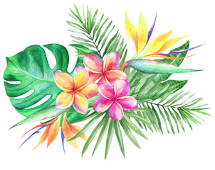 Fototapeta premium Watercolor tropical flowers and leaves. Bouquet