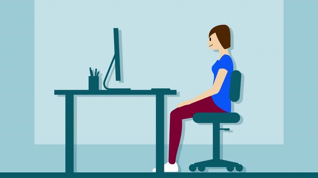 2D Flat Animation Character Young woman finds the right posture in the office, alpha channel