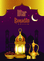 Iftar lantern, tea pot and dates palm fruit put on golden tray. Ramadan Kareem or Eid Mubarak Design Background.