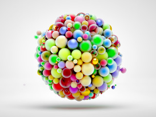 3d render of abstract art of a 3d ball based on small color candy balls particles in super intensive red green yellow and blue color looks like kids party toy in spherical shape on white background