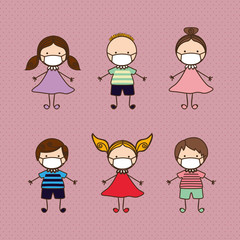 Boys and girls kids with masks against 2019 ncov virus vector design