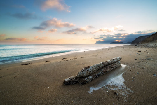  Landscape on a sandy beach with a log at sunset and mountains on the horizon