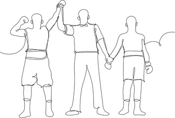 Arbitro che alza la mano del vincitore della gara di boxe..Disegnato a linea continua.
