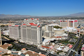 Caesars Palace and The Strip seen from Eiffel Tower replica at Paris Hotel and Casino  Las Vegas Nevada  USA © Andy Evans Photos