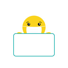 Vector cartoon style yellow smiling ball in medical face masks character holding blank, empty card in hands. 