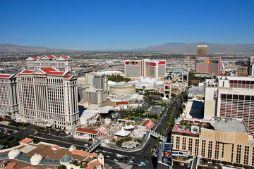 Caesars Palace and The Strip seen from the Eiffel Tower replica at the Paris Hotel and Casino  Las Vegas Nevada  USA © Andy Evans Photos