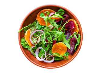 healthy salad tangerines citrus, lettuce, arugula and other herbs. Menu concept food background, keto or paleo diet. top view. copy space for text