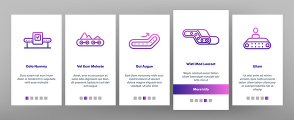 Conveyor Factory Tool Onboarding Icons Set Vector. Conveyor Plant Industrial Equipment For Transportation And Distribution Product Illustrations