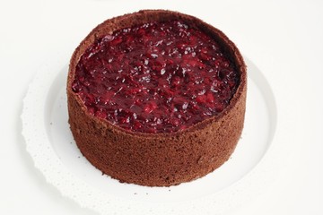 Delicious chocolate cake with cherries jam macro