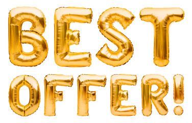 Words BEST OFFER made of golden inflatable balloons isolated on white background. Helium balloons gold foil forming phrase best offer. Discount and advertisement, sale and party decoration