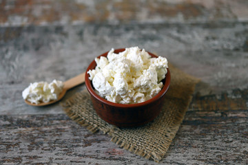 Fresh homemade cottage cheese. Dairy products.