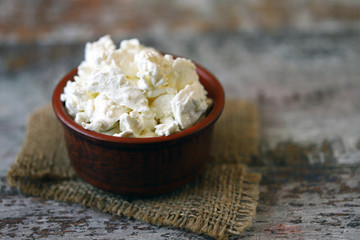 Fresh homemade cottage cheese. Dairy products.